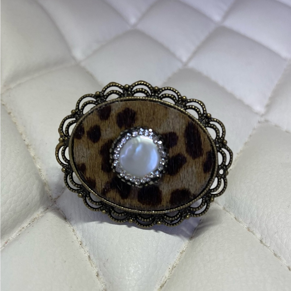 Brass, Freshwater Pearl and Leopard Hide Ring Adjustable